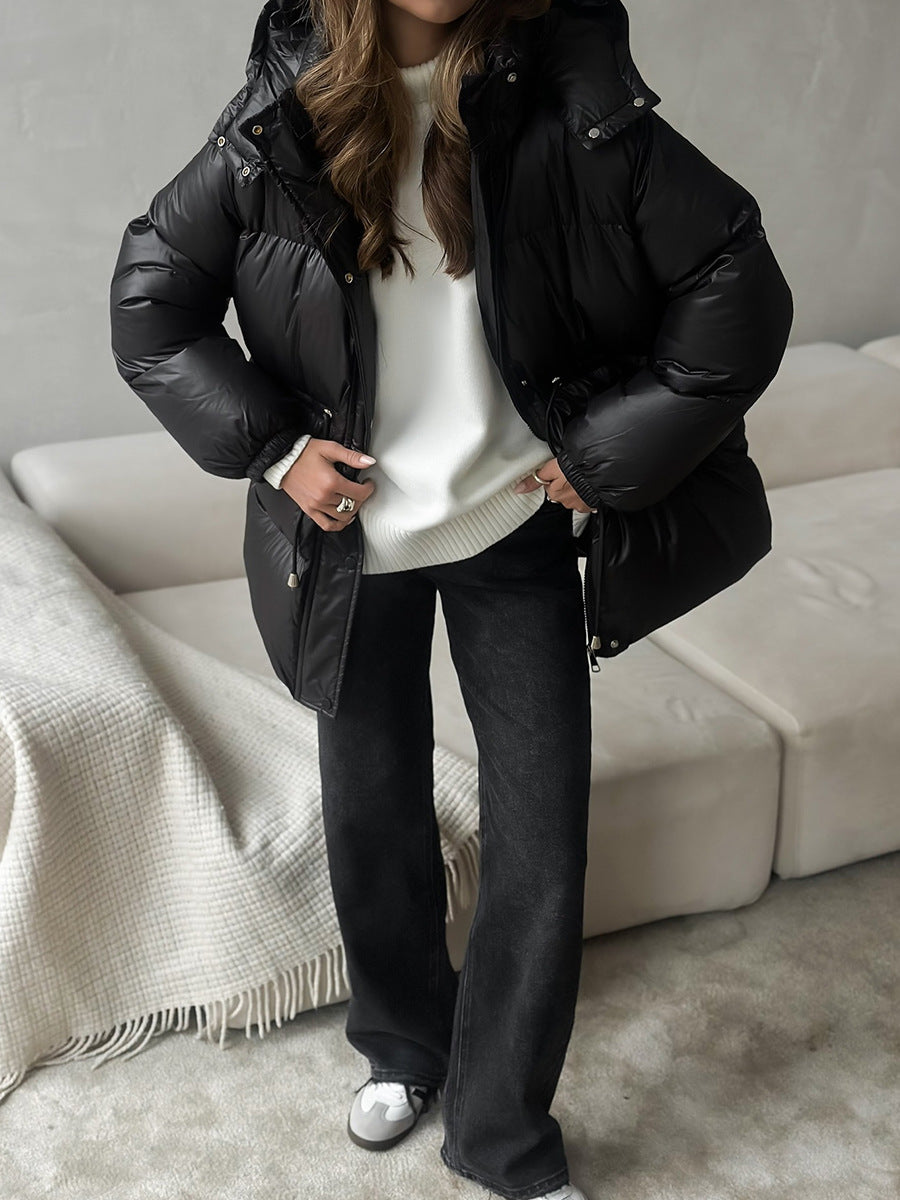 Women's Hooded Puffer Coat Drawstring Waist Mid-Length