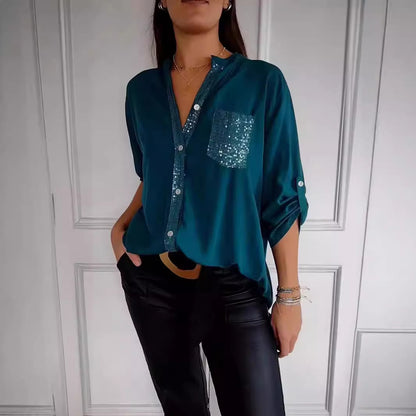 Women's Rhinestone 3/4 Sleeve Casual Button Down Blouse