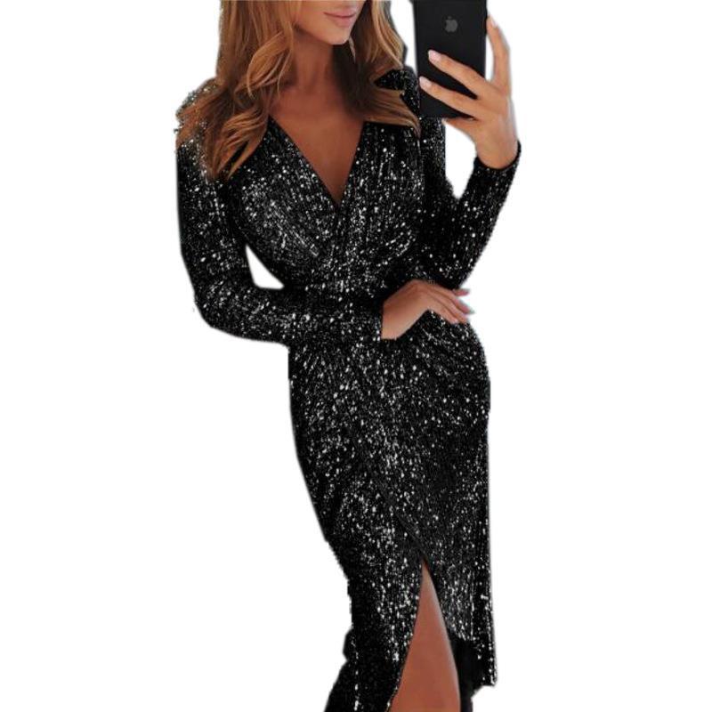 Sequin Long Sleeve V-Neck Bodycon Slit Midi Cocktail Dress