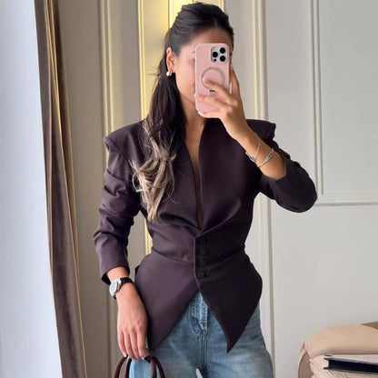 Women's V-Neck Cinched Waist Fitted Blazer Jacket