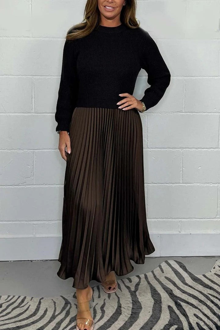 Women's Colorblock Ribbed Pleated Maxi Dress Long Sleeve
