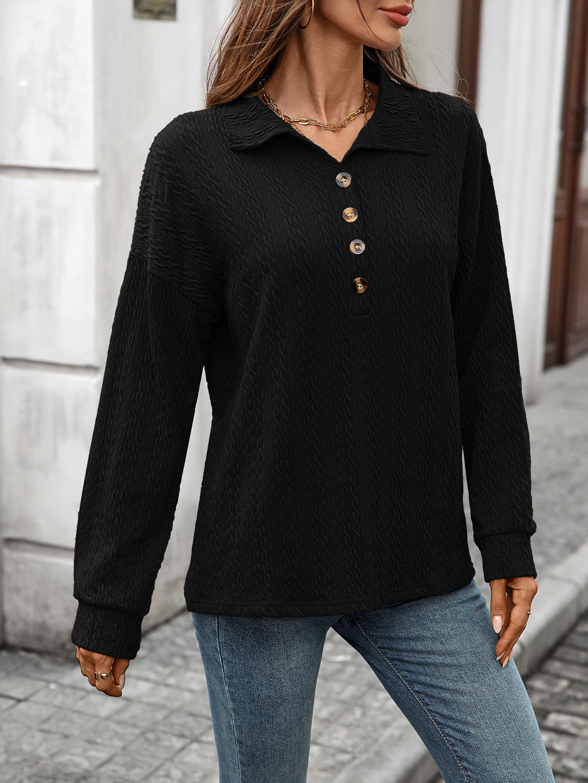 Womens Collared Button Long Sleeve Oversized Pullover Top