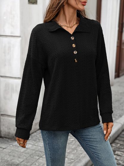 Womens Collared Button Long Sleeve Oversized Pullover Top
