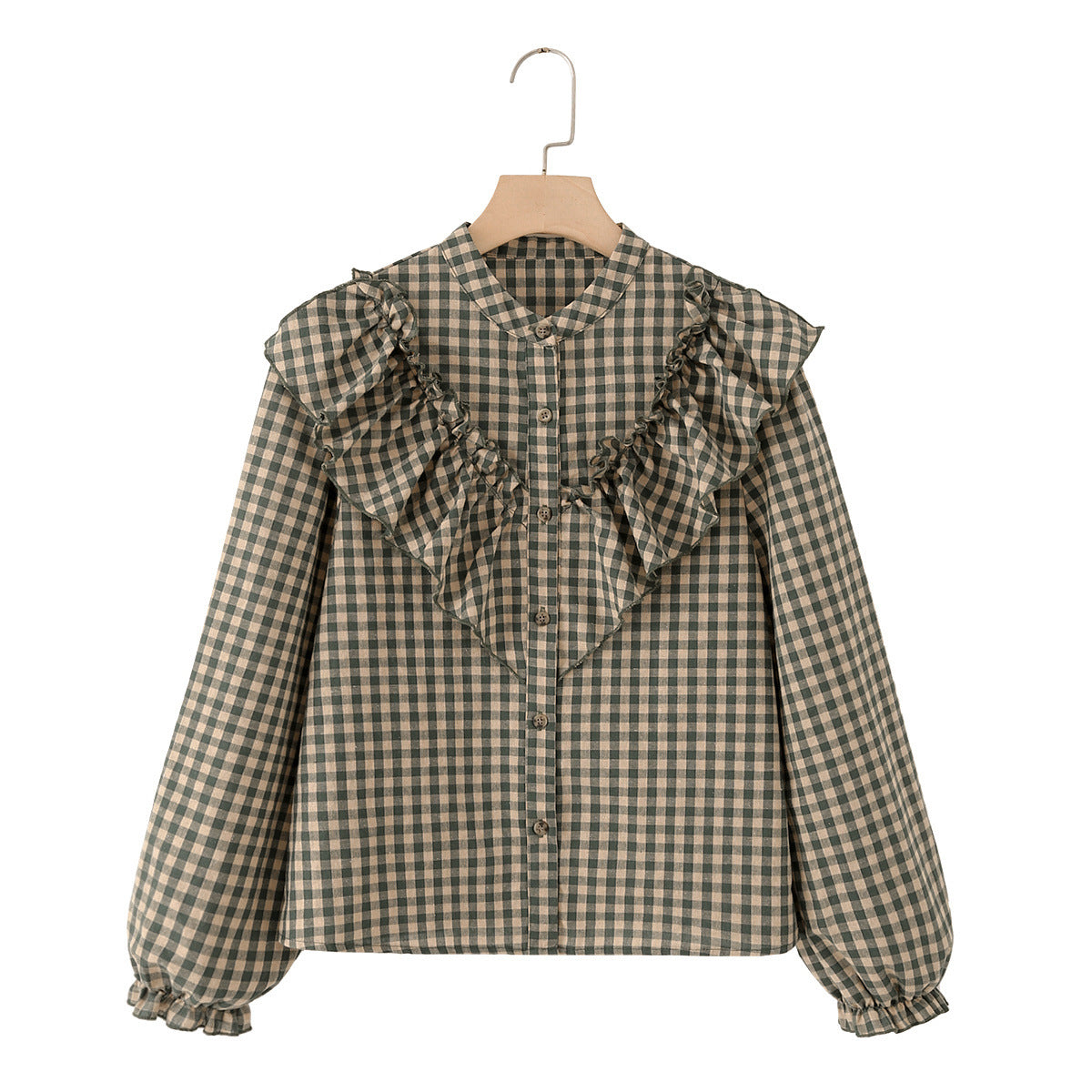 Vintage Gingham Ruffle Cotton Blouse Balloon Sleeve