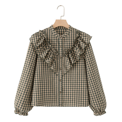 Vintage Gingham Ruffle Cotton Blouse Balloon Sleeve