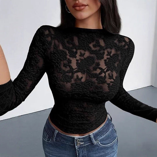 Sheer Lace Mock Neck Long Sleeve Fitted Top