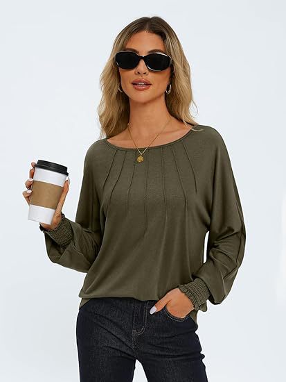 Women's Pleated Crewneck Balloon Sleeve Oversized Top