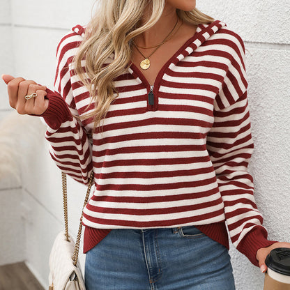 Women's V-neck Striped Christmas Hooded Sweater