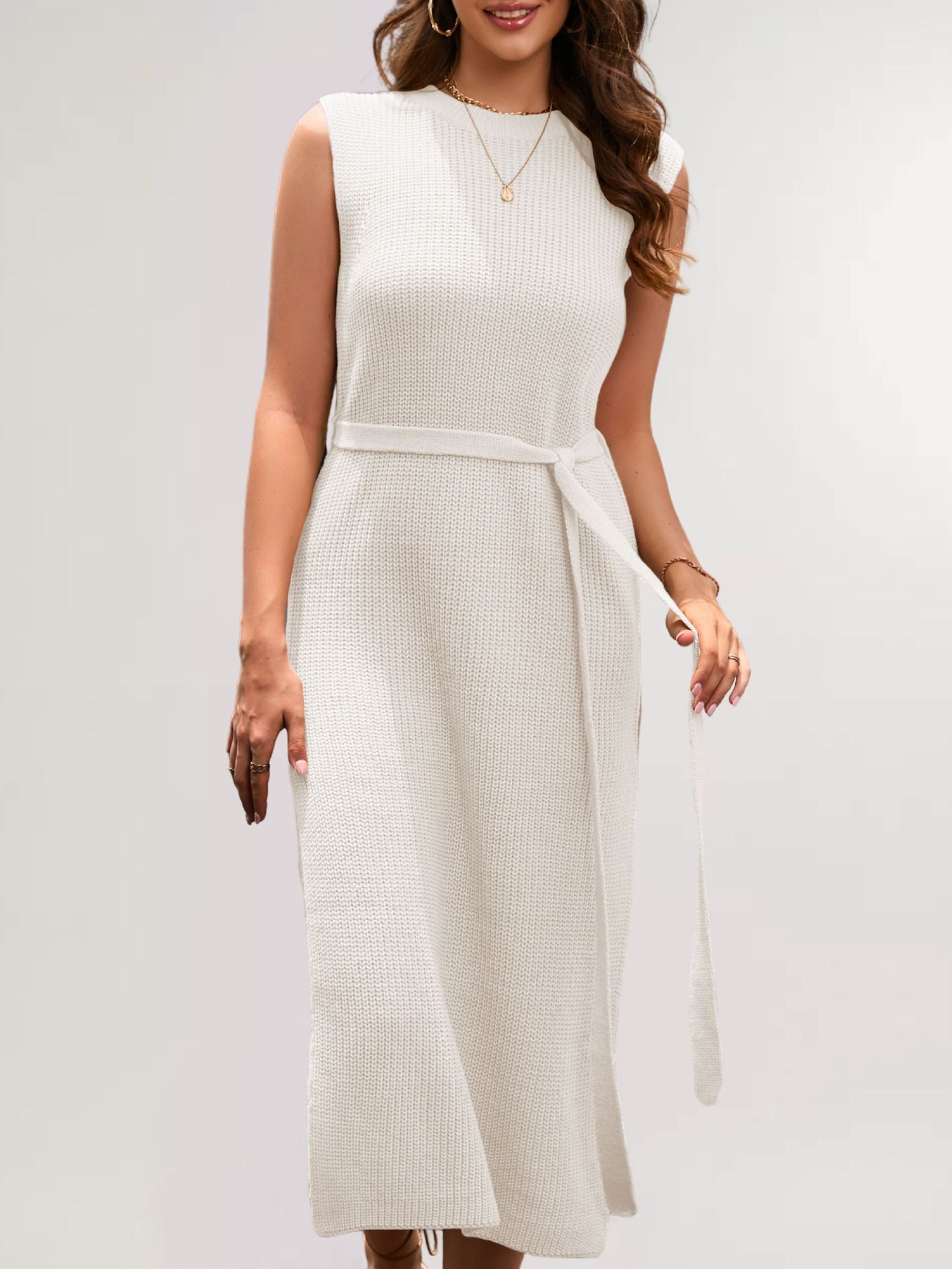 Solid Knit Midi Dress Sleeveless Belted Slit Sweater Dress
