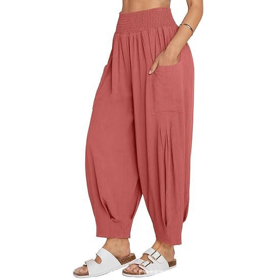 Women's Cotton Linen Harem Pants High Waist Pockets
