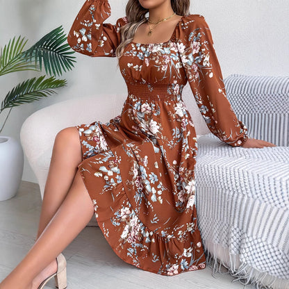 Floral Square Neck Long Sleeve Ruffle Midi Dress