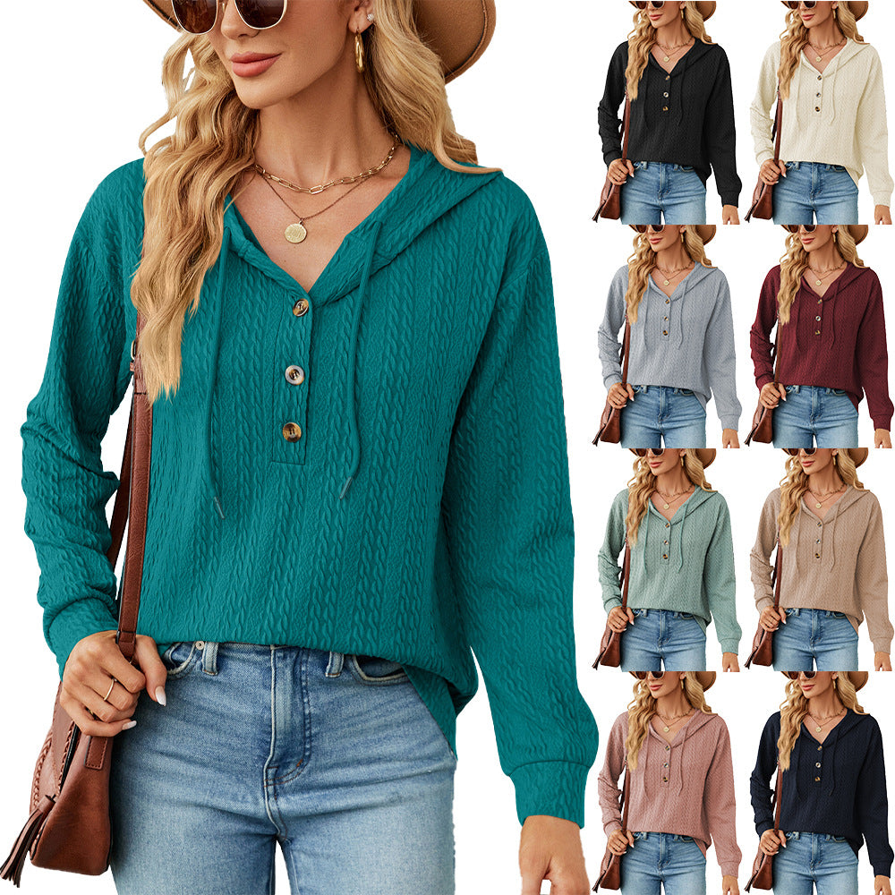 Women's Oversized V-Neck Button Hoodie Long Sleeve Top