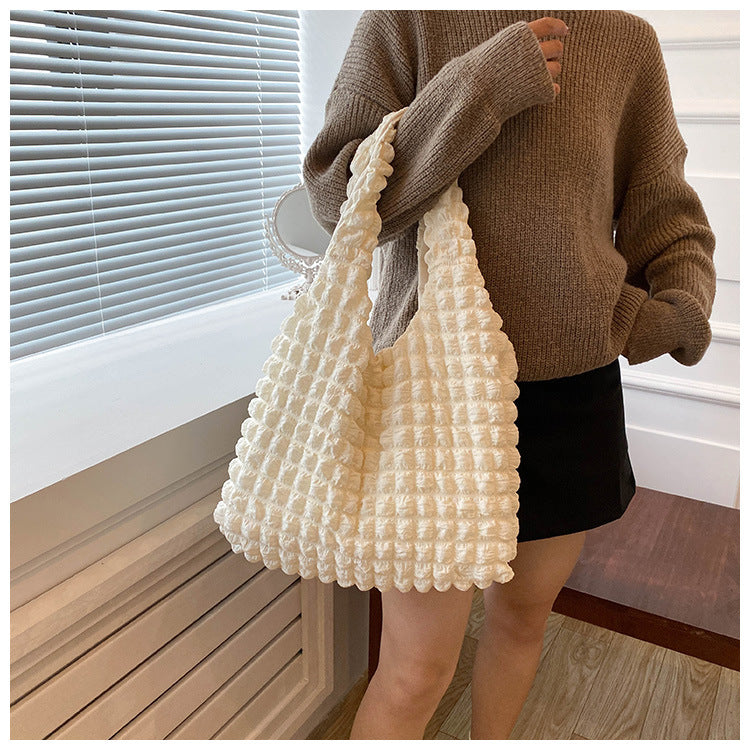 Textured Bubble Knit Shoulder Tote in Rose Pink