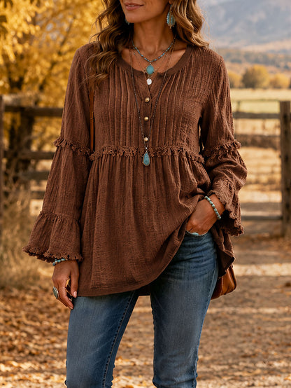 Women's Boho Ruffle V Neck Button Bell Sleeve Tunic Top