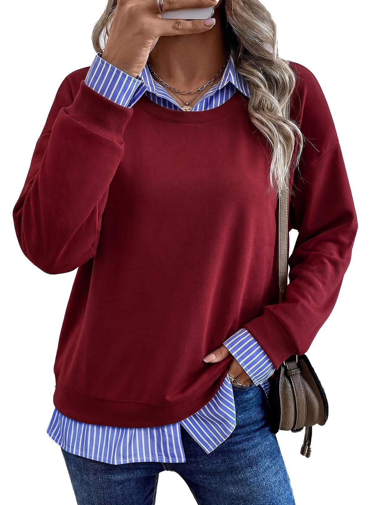 Faux Layered Sweatshirt Striped Collar Relaxed Fit