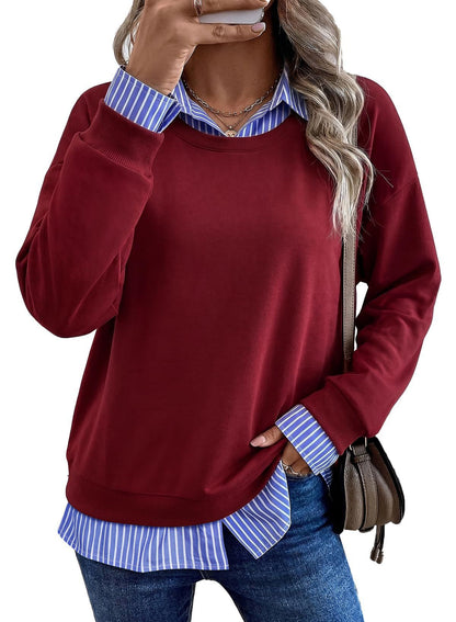 Faux Layered Sweatshirt Striped Collar Relaxed Fit