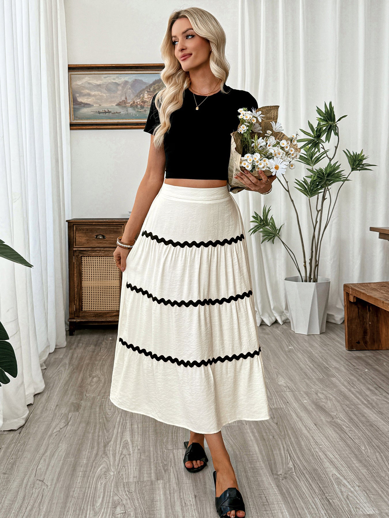Elastic Waist Tiered Midi Skirt Color Block Boho Casual Flowy