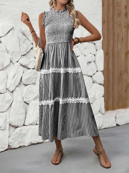 Sleeveless Striped Lace Midi Dress Ruffled A-Line Summer