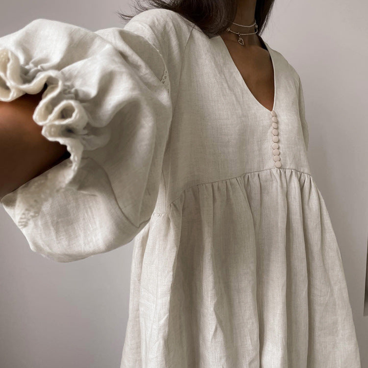 Cotton Linen V Neck Puff Sleeve A-Line Dress