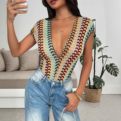 Boho Deep V Crochet Knit Bodysuit Top