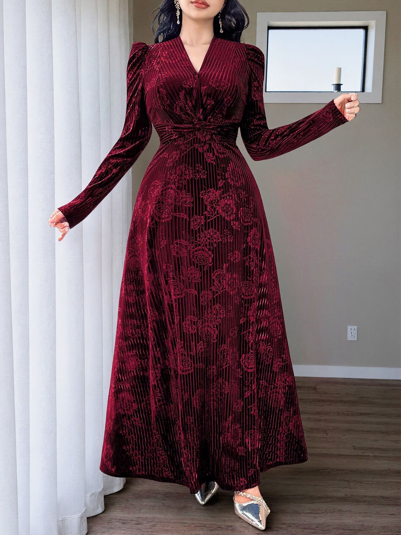Floral Velvet Maxi Dress V Neck Twist Waist Evening Gown