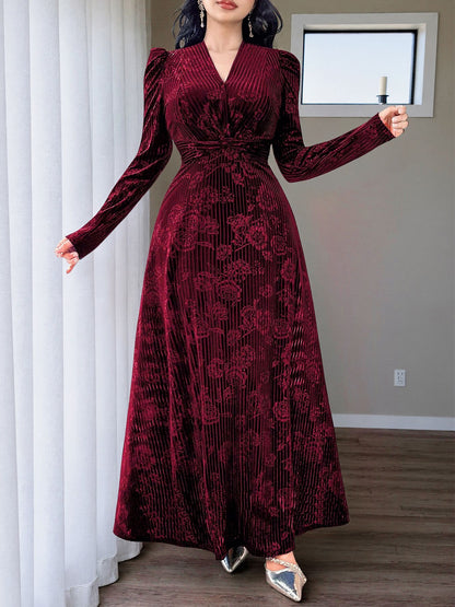 Floral Velvet Maxi Dress V Neck Twist Waist Evening Gown