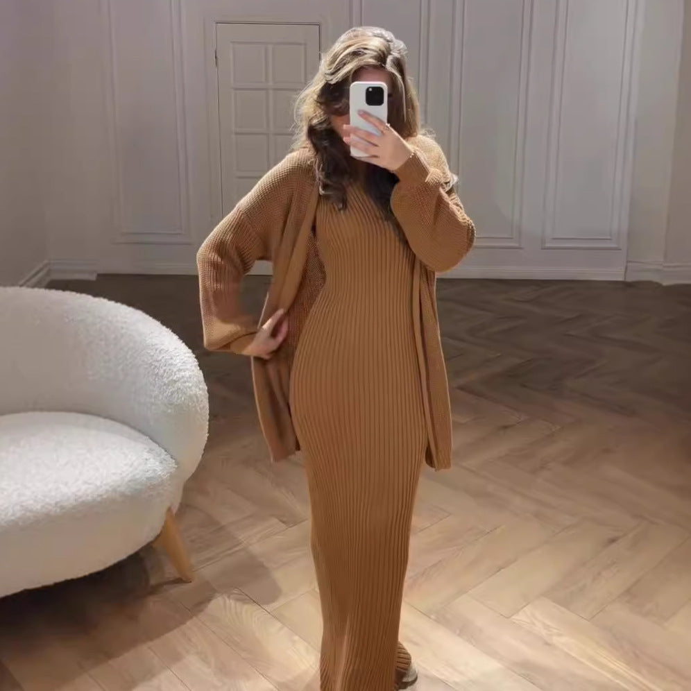 Women's Ribbed Knit Maxi Dress & Cardigan Belted Set
