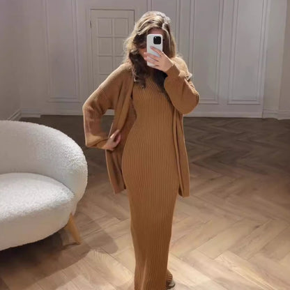 Women's Ribbed Knit Maxi Dress & Cardigan Belted Set