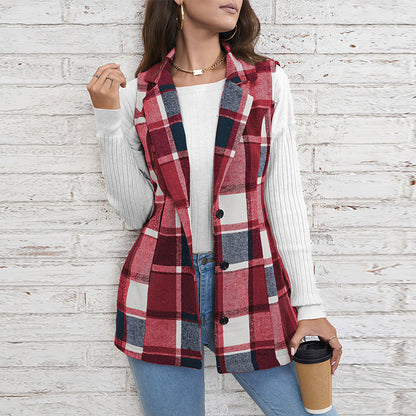 Women's Plaid Lapel Blazer Vest Button Front