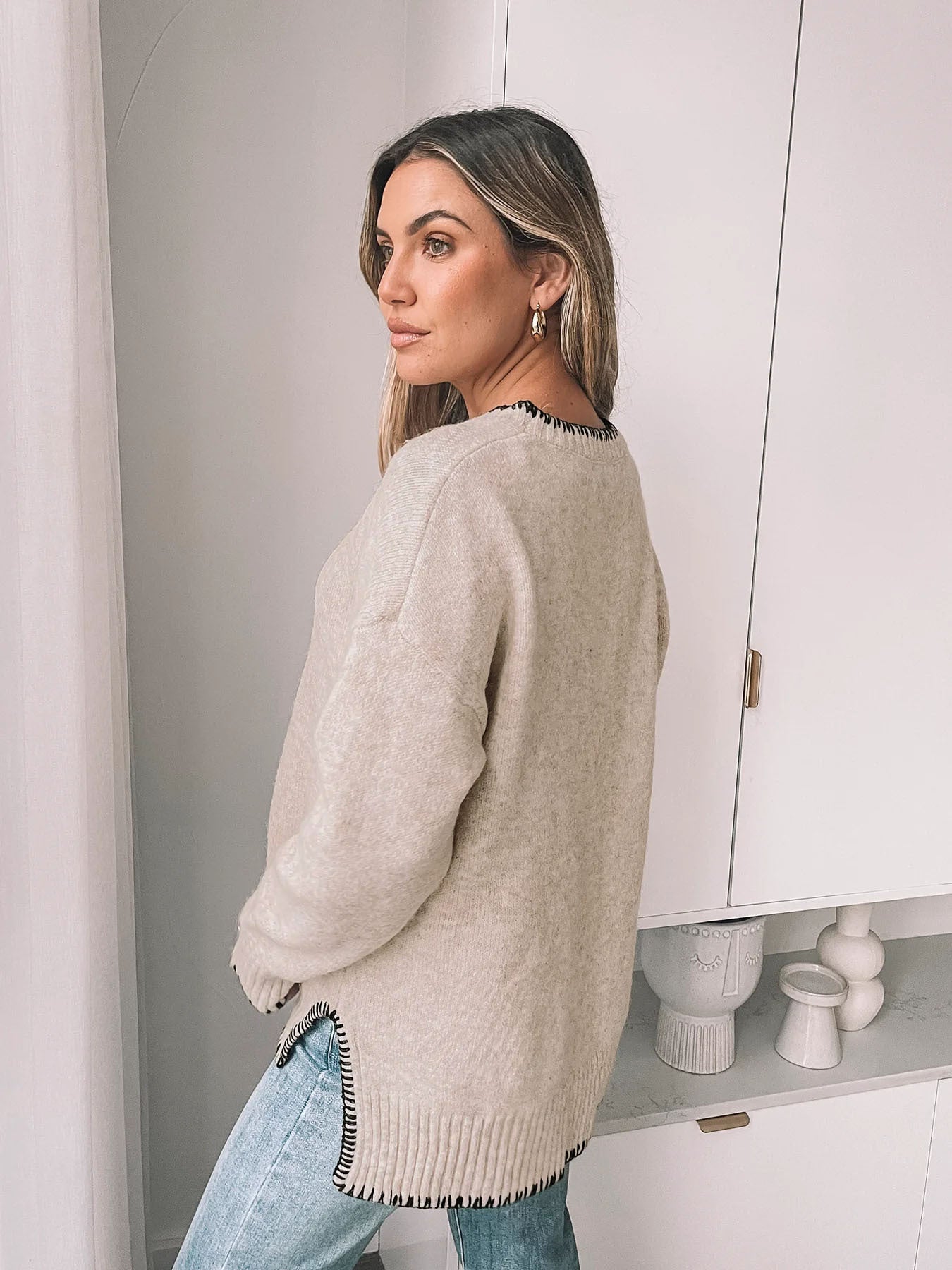 Khaki Contrast Trim Knit Sweater Crew Neck Casual Pullover