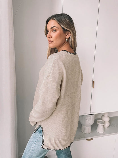Khaki Contrast Trim Knit Sweater Crew Neck Casual Pullover
