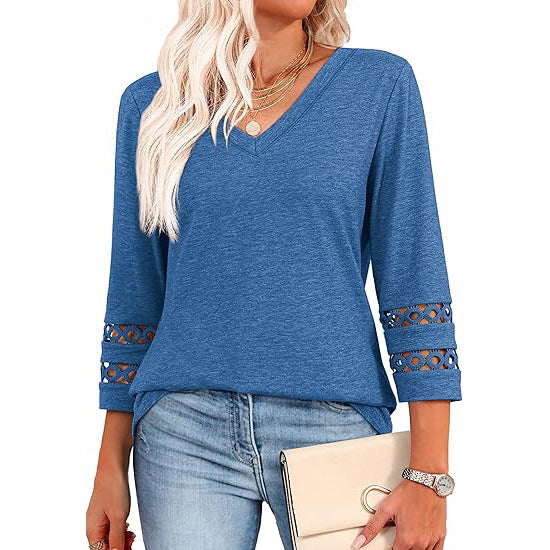 White V-Neck Lace Sleeve Casual Knit Top for Women