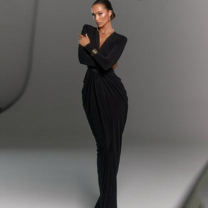 Black Sexy Deep V Long Sleeve High Slit Maxi Dress
