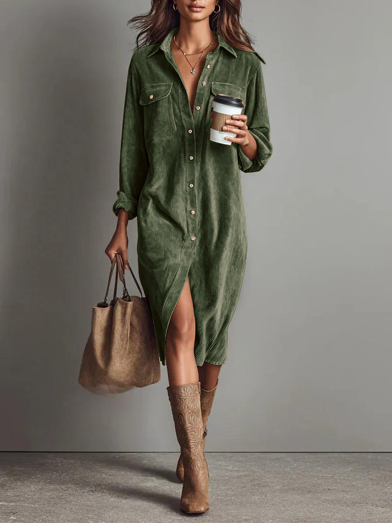Women's Corduroy Shirt Dress Long Sleeve Button Down Midi