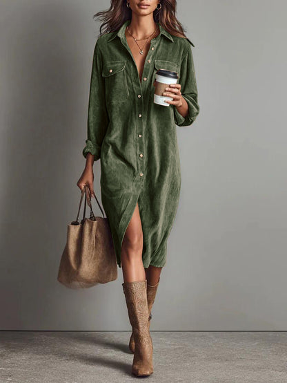 Women's Corduroy Shirt Dress Long Sleeve Button Down Midi