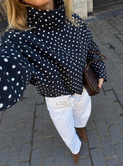 Polka Dot Zip Jacket Stand Collar Pocket Loose Coat