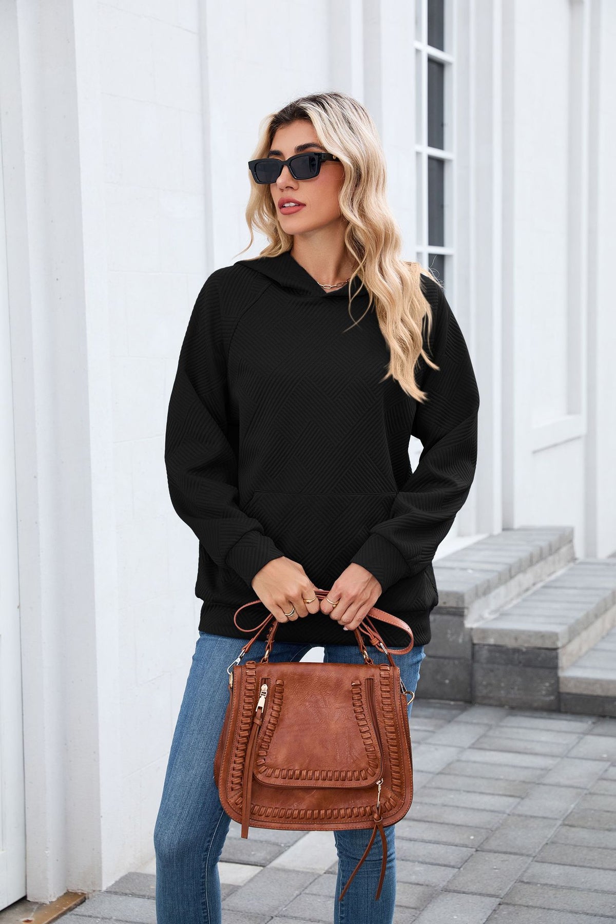 Women's Oversized Textured Hoodie Pullover with Pocket
