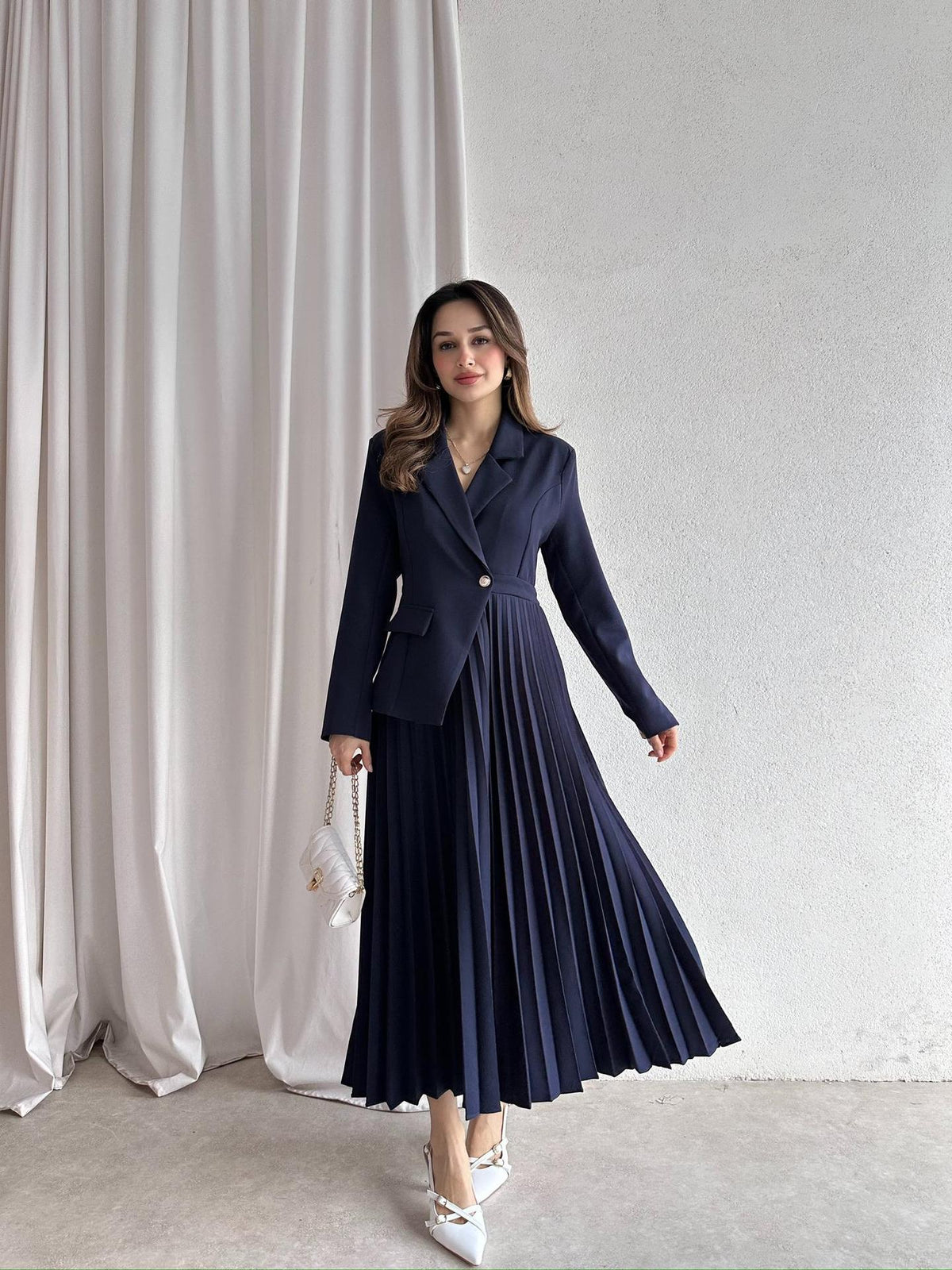 Women's 2 Piece Blazer Pleated Maxi Skirt Set Long Sleeve