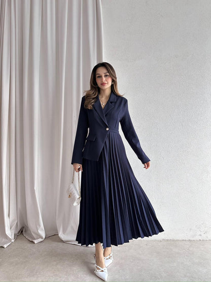 Women's 2 Piece Blazer Pleated Maxi Skirt Set Long Sleeve