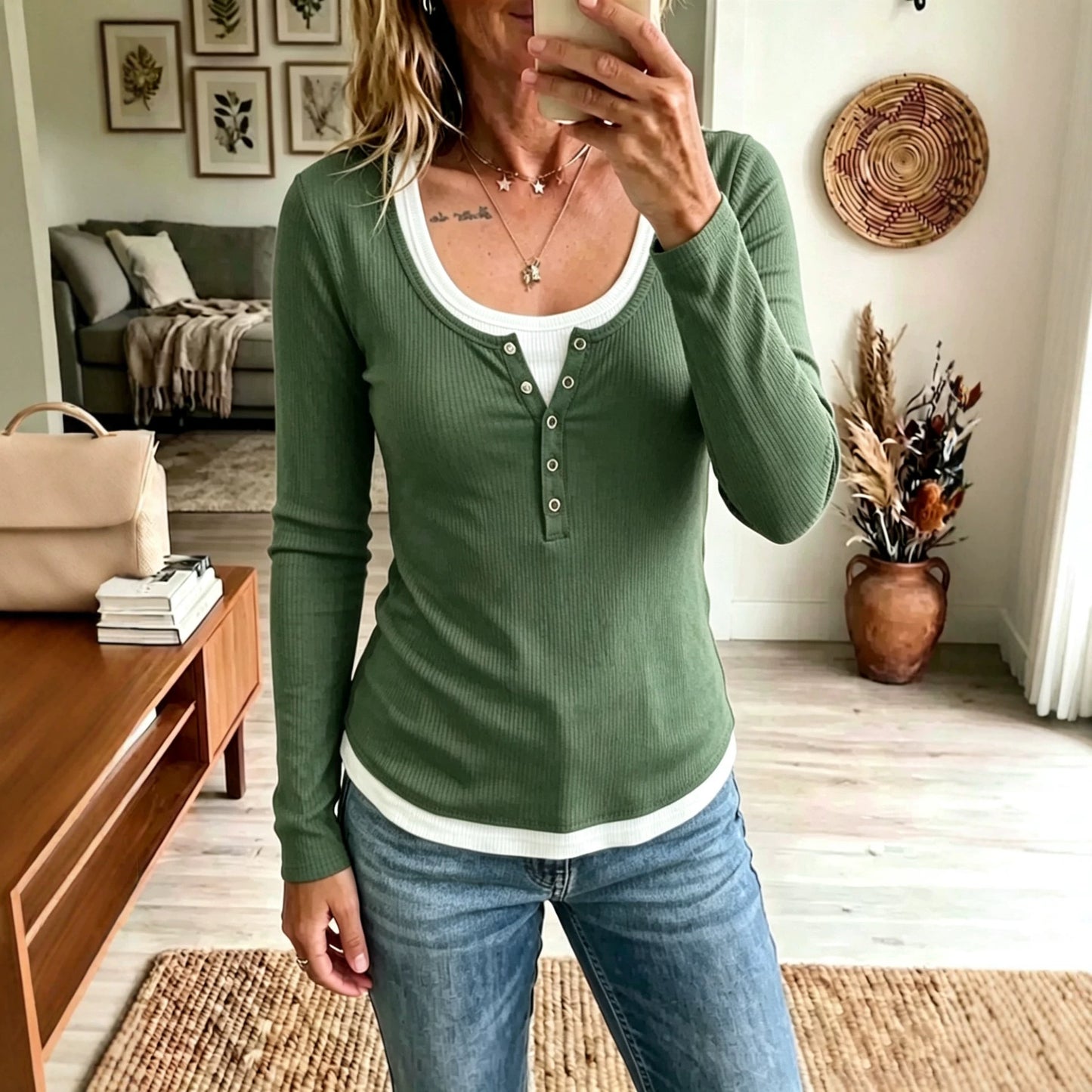 Contrast Layered Long Sleeve Top for Women
