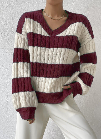 Women's Oversized V-Neck Striped Cable Knit Sweater