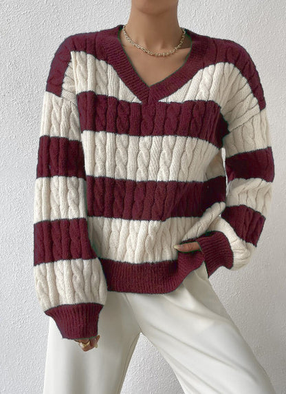 Women's Oversized V-Neck Striped Cable Knit Sweater
