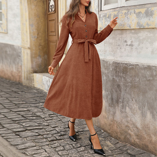 Corduroy V Neck Belted Button Front Midi Dress