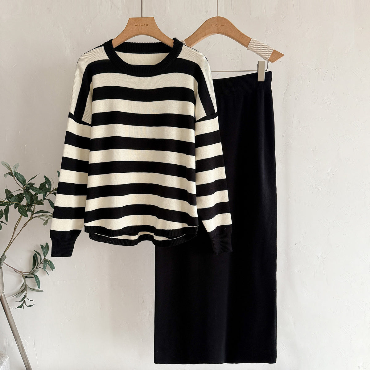 Striped Sweater & Midi Skirt Knit Matching Set