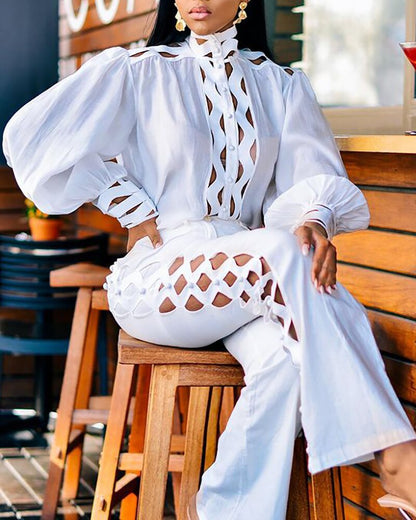 Women's Cutout Puff Sleeve Two Piece Pants Set White