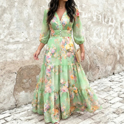 Floral Chiffon Maxi Dress V-Neck 3/4 Sleeve Smocked Tiered