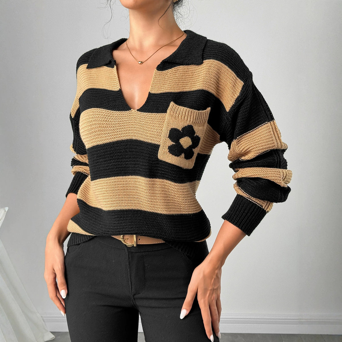 Women's Striped V-Neck Floral Pocket Balloon Sleeve Sweater