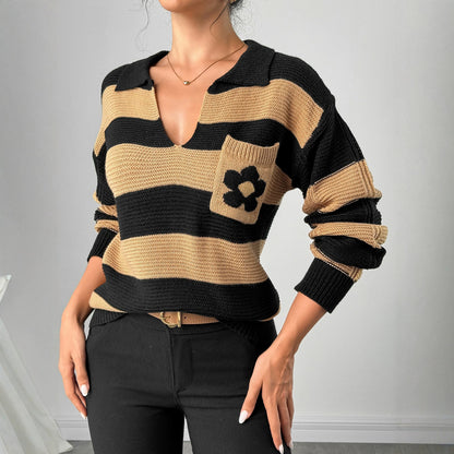 Women's Striped V-Neck Floral Pocket Balloon Sleeve Sweater