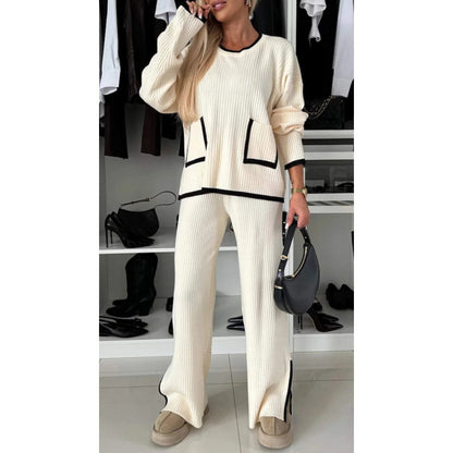 Women's Color Block Knit Sweater Wide Leg Pants Set