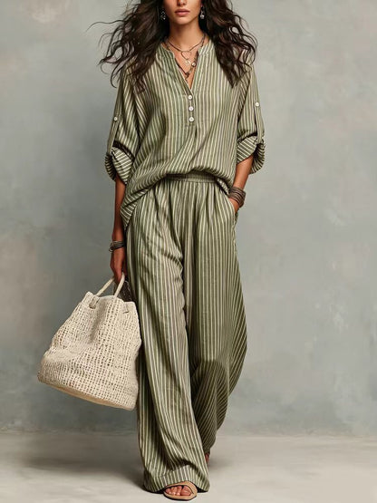 Women's Striped Cotton Lounge Set V-Neck Wide Leg Pants